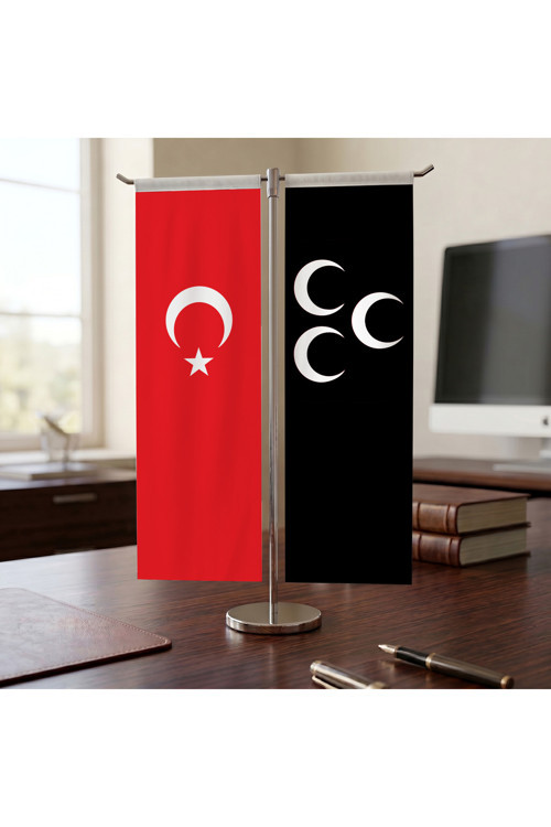 Üç Hilal Siyah ve Türk Bayrağı Kırlangıç T tipi Masa Bayrak Takımı