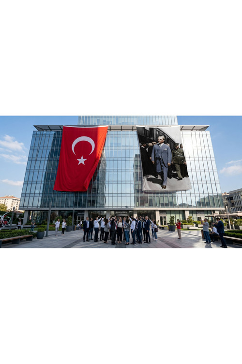 Yürüyen Atatürk Portresi Bayrak ve Türk Bayrağı Premium Raşel Kumaş 2'li Set 10x15 metre ATA77