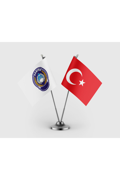 Zabıta Müdürlüğü Arması ve Türkiye Bayrağı İkili Saten Masa Bayrağı Takımı