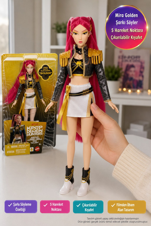 KPop Demon Hunters HUNTR/X Mattel Mira Golden Şarkı Söyleyen Bebek 5 Eklem Kıyafetli 35 cm