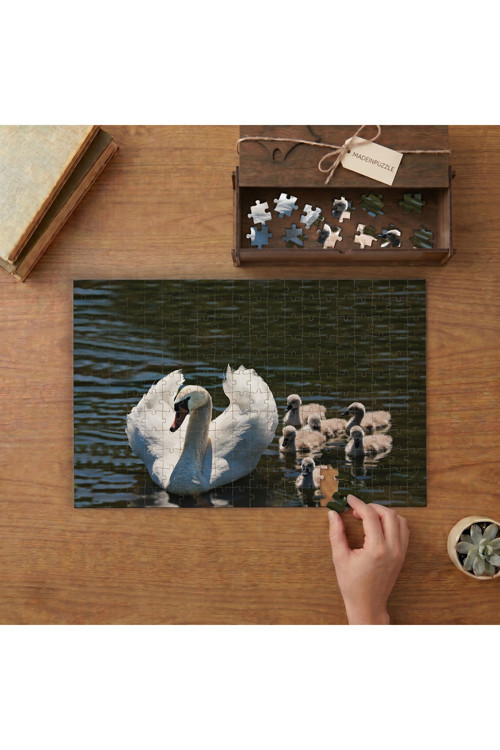 Anne Kuğu ve Yavruları Tasarımı 240 parça Ahşap Puzzle Ahşap Kutuda MP09149