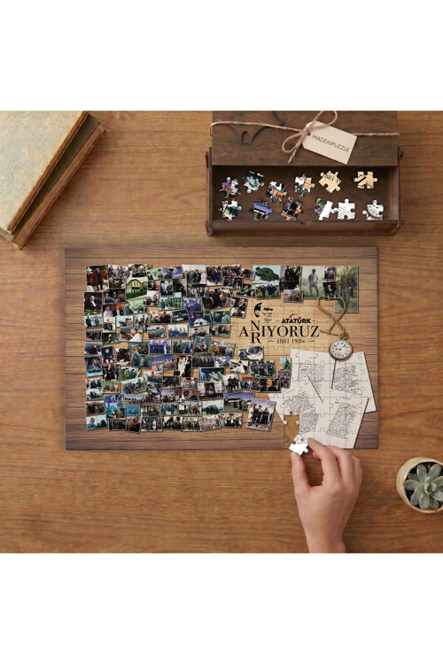 Atatürk Anı Panosu - Kolaj Tasarımı 240 parça Ahşap Puzzle Ahşap Kutuda MP06956
