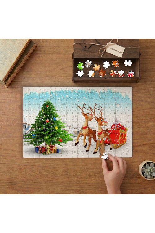 Geyikler - Yılbaşı Ağacı Tasarımı 240 Parça Ahşap Puzzle Ahşap Kutuda MPY10289