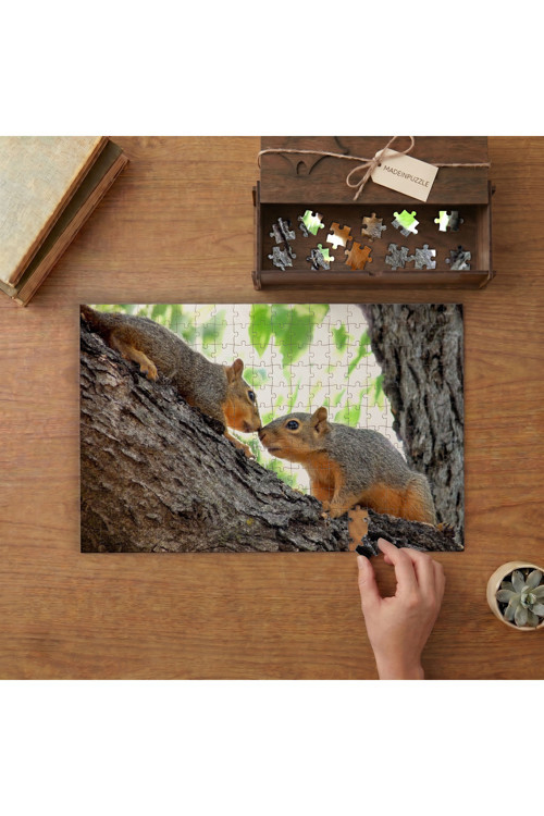 İki Sevimli Sincap Tasarımı 240 Parça Ahşap Puzzle Ahşap Kutuda MPY60309