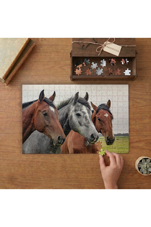 Kahverengi ve Gri Atlar Tasarımı 240 parça Ahşap Puzzle Ahşap Kutuda MP02926