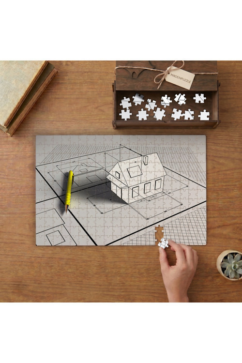 Mimari Çizim Ev - Eskiz Tasarımı 240 parça Ahşap Puzzle Ahşap Kutuda MP11352