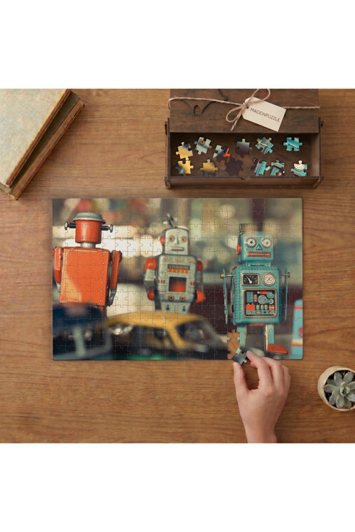 Metal Nosaljik Robotlar Tasarımı 240 parça Ahşap Puzzle Ahşap Kutuda MP00990