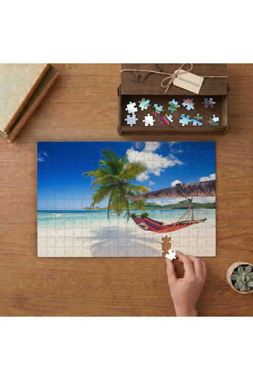 Palmiye Ağacı - Kumsal - Deniz - Hamak Tasarımı 240 parça Ahşap Puzzle Ahşap Kutuda MP08312