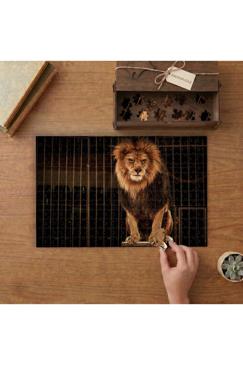 Sirk Kafesinde Aslan Tasarımı 240 parça Ahşap Puzzle Ahşap Kutuda MP11339