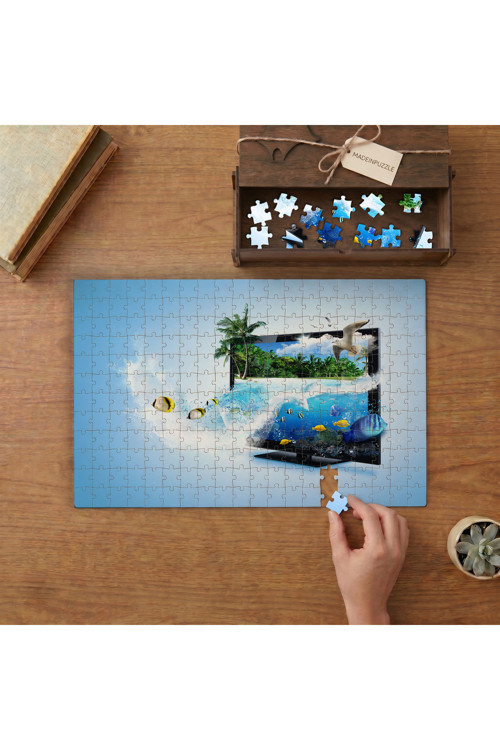 Televizyondan Denize Atlayan Balıklar Tasarımı 240 parça Ahşap Puzzle Ahşap Kutuda MP00498