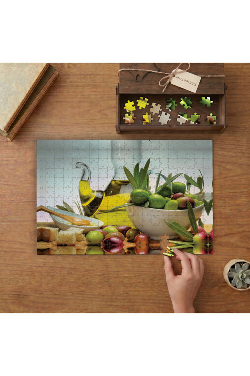 Zeytin Yağı- Yeşil Zeytin Tasarımı 240 parça Ahşap Puzzle Ahşap Kutuda MP00408
