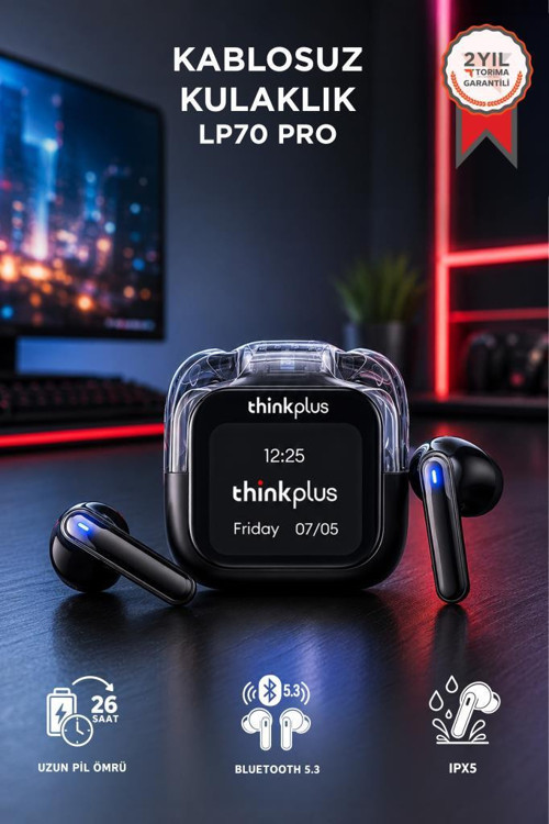 Thinkplus Bluetooth Kulaklık Akıllı Dijital Ekranlı Tws 5.4 Kablosuz Kulaklık LP70 Pro Siyah