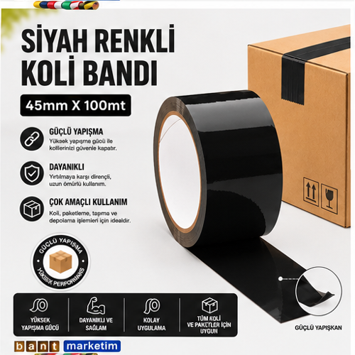 Siyah Koli Bandı 45mmx100m Renkli Koli Bantı Siyah Renk Hotmelt Yapışkanlı