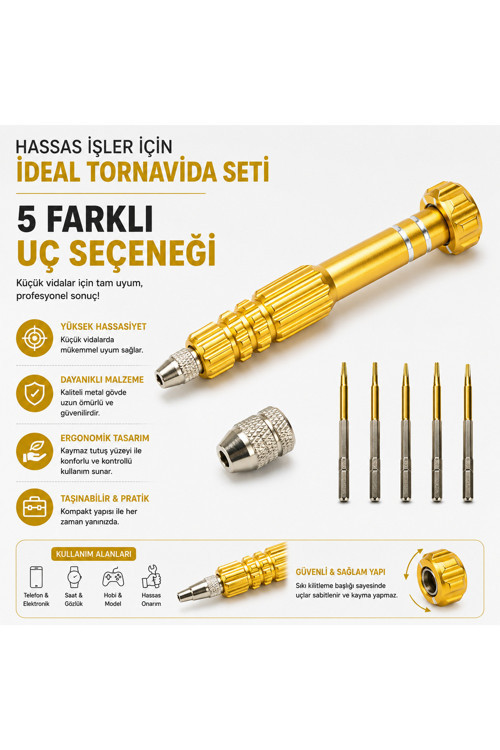 Manyetik Hassas Tornavida Seti 5 Uçlu – Mini Tamir ve Elektronik Alet - Gold