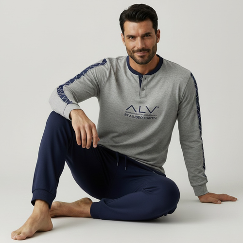 Erkek Pamuklu Bohçalık Ve Çeyizlik Gri Melanj - Lacivert Renk Pijama Takımı AL003 V2