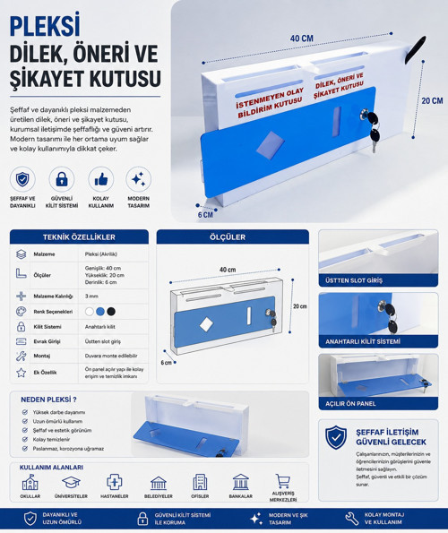Reklam Ramak Kala Bildirim Kutusu ve Dilek Öneri Şikayet Kutusu İş Güvenliği Malzemeleri Mavi Pleksi Malzeme