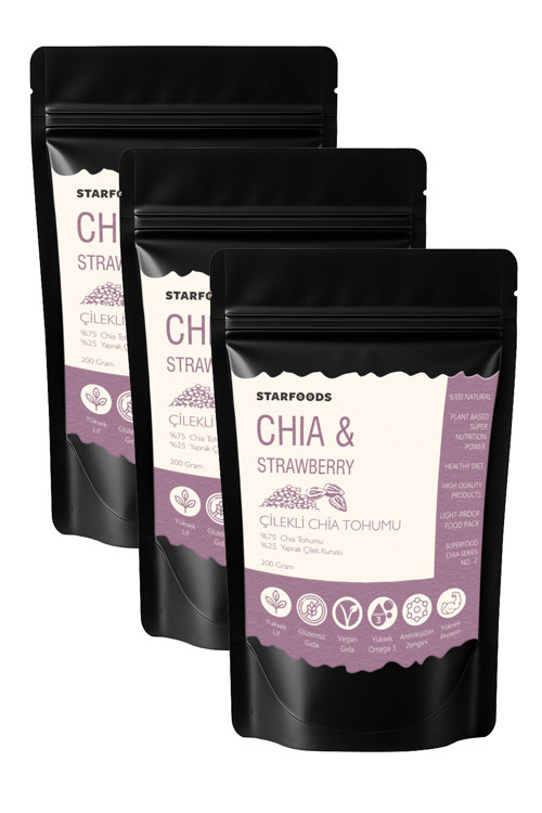 3 Paket Chia Tohumu & Yaprak Çilek Çilekli Chia Tohumu Chia Seeds & Strawberry