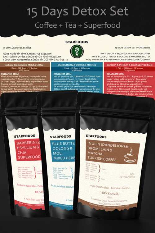 15 Days Detox Set Coffee + Tea + Superfood İnülin Bromelain Türk Kahvesi Detox Çayı Chia Detoks Seti