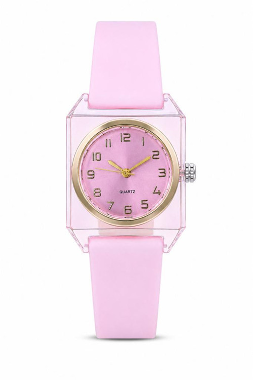 Kadın Kol Saati Pembe Silikon Kordon Şeffaf Kare Kasa Analog Kadran ST-304452