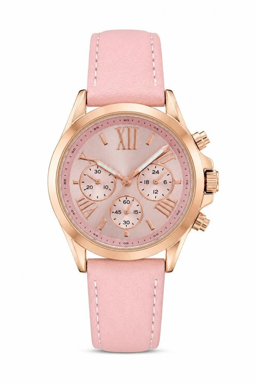 Kadın Kol Saati Pembe Deri Kordon Rose Gold Kasa Pembe Analog Kadran ST-304456