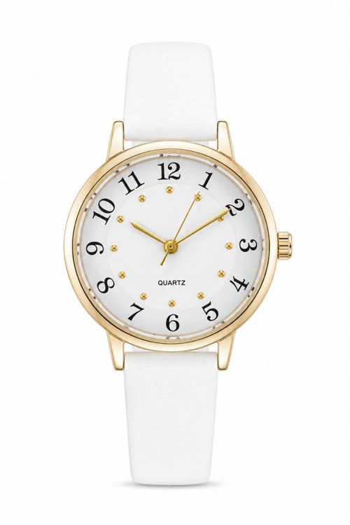 Kadın Kol Saati Beyaz Deri Kordon Sarı Kasa Beyaz Analog Kadran ST-304458