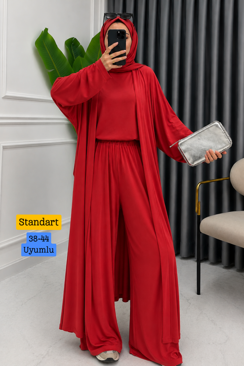 Kadın Penye Uzun Hırka Bluz Geniş Paça Pantolon Abaya Takım 1217