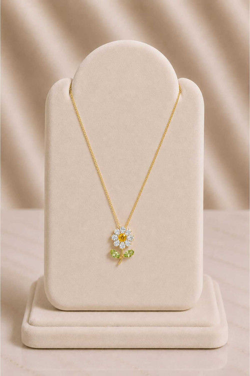 Çiçek Figürlü Sarı ve Yeşil Taşlı Gold Kolye
