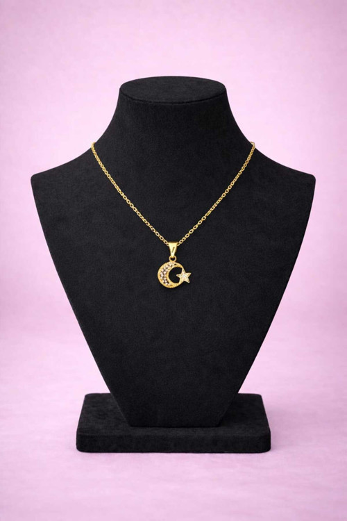 Ay Yıldız Figürlü Gold Renk Zirkon Taşlı Kadın Kolye