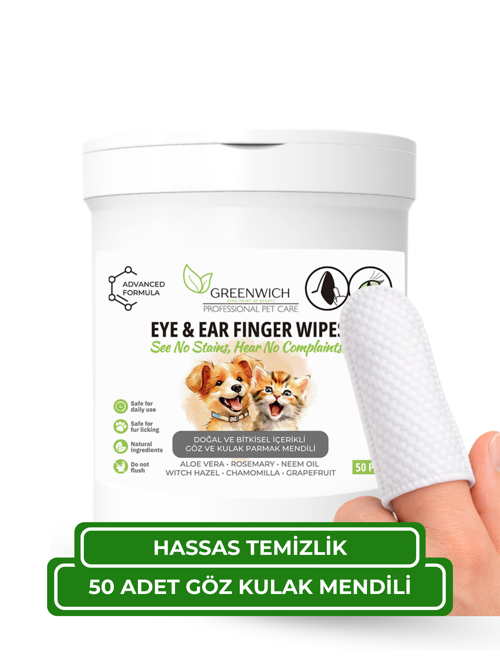 Kedi ve Köpek Göz ve Kulak Parmak Mendili 50 Adet – Tek Kullanımlık Vegan Temizleme Mendili | Günlük Göz ve Kulak Hijyen Bakımı
