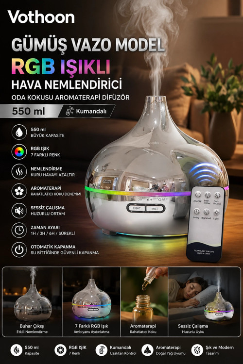 Gümüş Vazo Model RGB Işıklı Hava Nemlendirici & Aromaterapi Difüzör – 550 ml Kumandalı