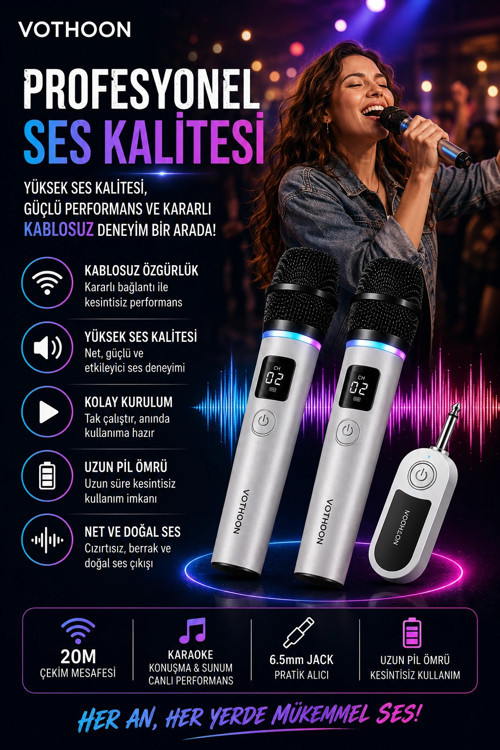 Kablosuz Karaoke Çift Mikrofon 6.5 mm Sahne Parti Düğün Aktivite Amfi Hoparlör