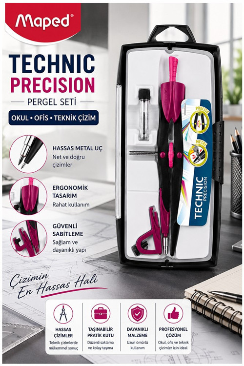 Mor Metal Hassas Pergel Seti 3 Parça 1 Adet Maped 291010 Technic Precision Profesyonel Pergel Proje Mimari Teknik Çizim