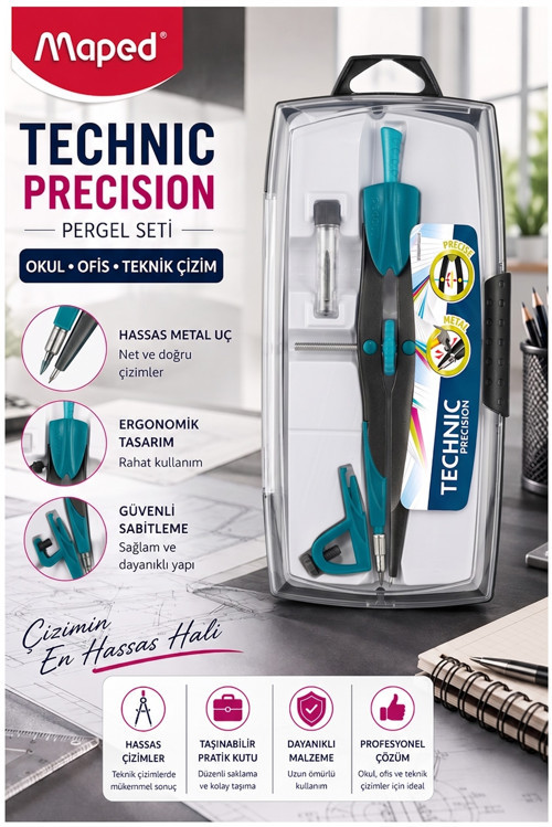 Mavi Metal Hassas Pergel Seti 3 Parça 1 Adet Maped 291010 Technic Precision Profesyonel Pergel Proje Mimari Teknik Çizim