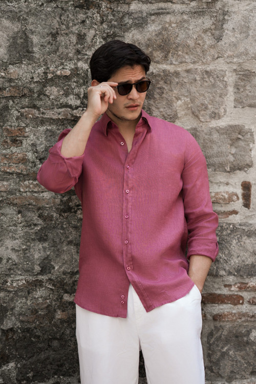 Regular Fit Gizli Düğmeli Yaka %100 Linen Ham Keten Gömlek