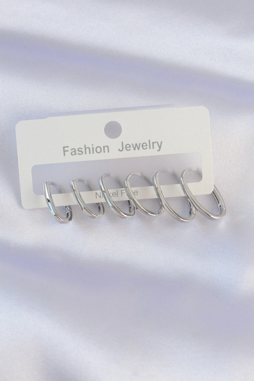 Pirinç Gümüş Renk İnce Oval Küpe Seti 5886