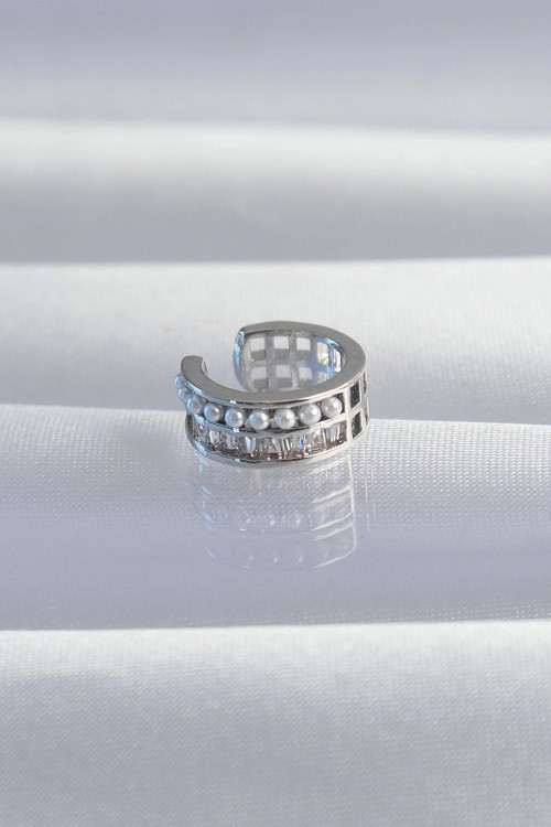 Pirinç Gümüş Renk İncili Baget Taşlı Earcuff Küpe 5886