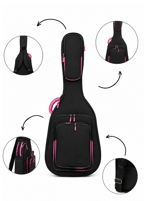 PROFESYONEL GİGBAG KALIN KLASİK GİTAR KILIFI-ÇANTASI - SİYAH - PEMBE 1900 DENYE LÜX KUMAŞ - %100 SU GEÇİRMEZ