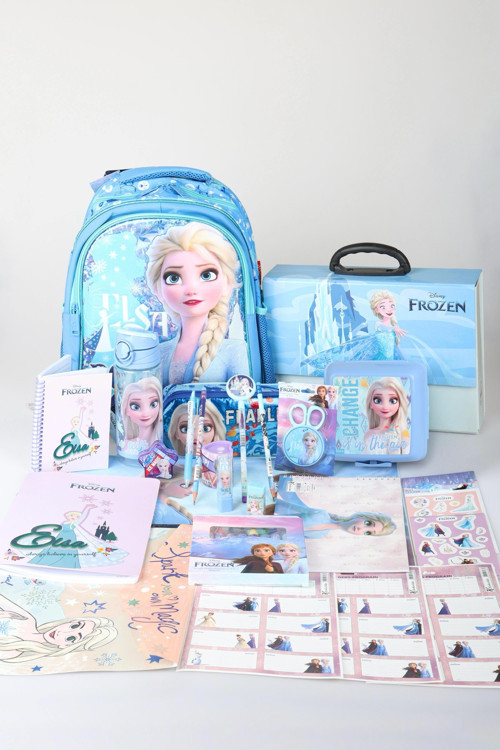 Dekomus Lisanslı Elsa Frozen Ice Glow Colleciton Full Kırtasiye Seti Büyük Boy Okul Çantası,Kalem Çantası,Beslenme Kabı,