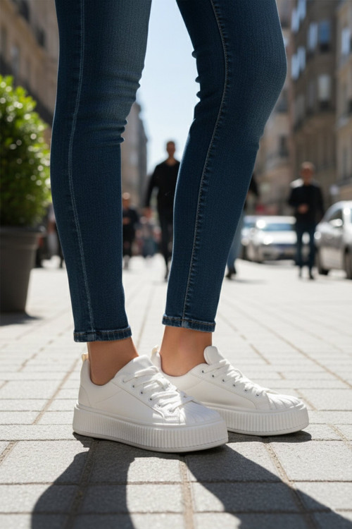 Beyaz Bağcıklı Kalın Tabanlı Kadın Casual Yürüyüş Ayakkabı Sneaker Grov G