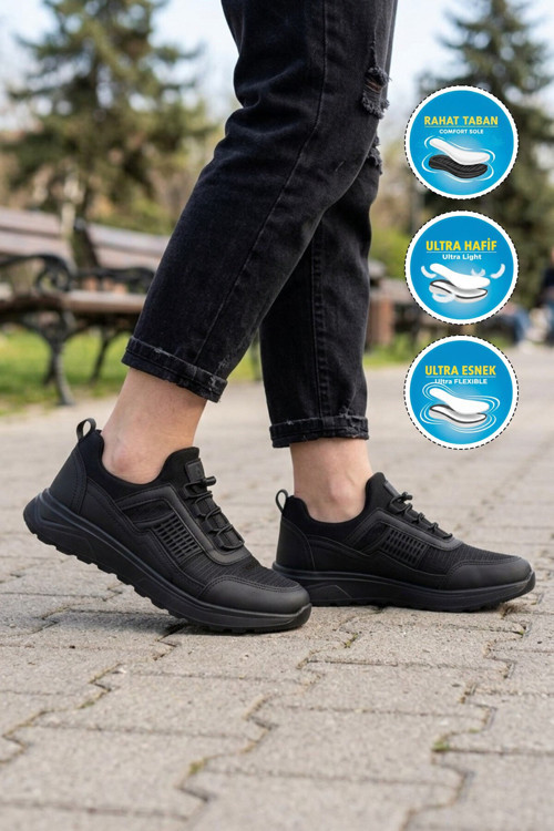 Siyah-Siyah Fileli Lastik Bağcıklı Rahat Tabanlı Unisex Yürüyüş ve Spor Ayakkabı Nans G