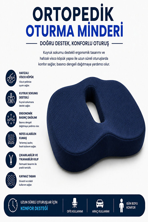 Ortopedik Oturma Minderi – Hafızalı Visco Köpük Kuyruk Sokumu Destek Yastığı, Uzun Süreli Oturuşlar İçin Ergonomik Ofis ve Araç Koltuğu Minderi
