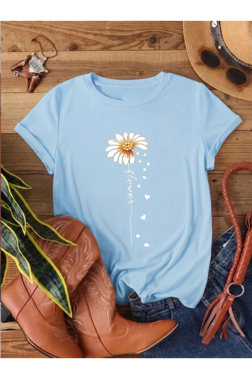 Unisex Flowers Baskılı Tasarım Tshirt