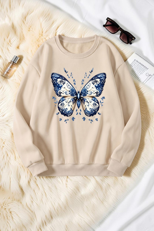 Unisex Desenli Kelebek Baskılı Bisiklet Yaka Sweatshirt