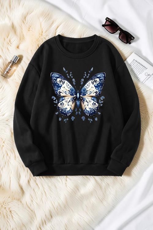 Unisex Desenli Kelebek Baskılı Bisiklet Yaka Sweatshirt