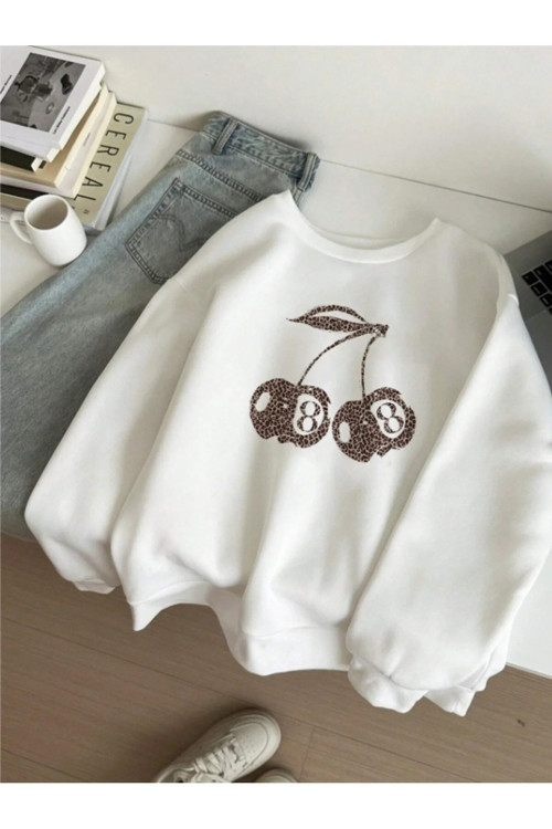 Unisex Leopar Desenli Kiraz Baskılı Tasarım Oversize Sweatshirt
