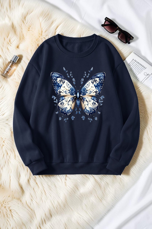 Unisex Desenli Kelebek Baskılı Bisiklet Yaka Sweatshirt