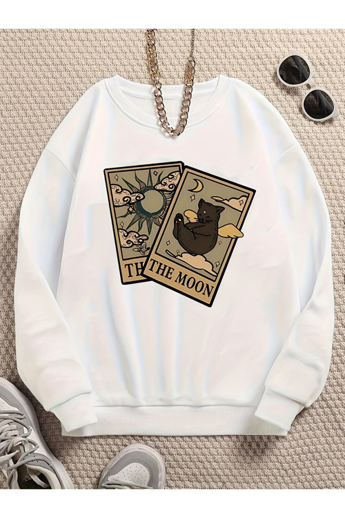 Unisex Tarot Kart Baskılı Oversize Sweatshirt