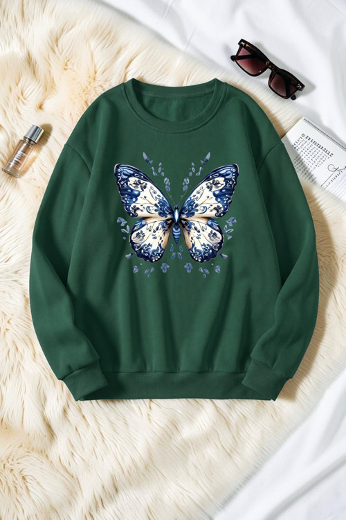 Unisex Desenli Kelebek Baskılı Bisiklet Yaka Sweatshirt