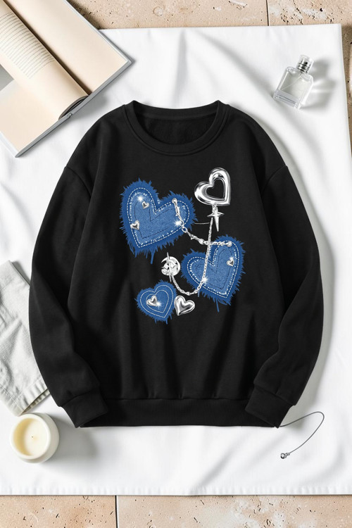 Unisex Denim Kalp Baskılı Bisiklet Yaka Sweatshirt