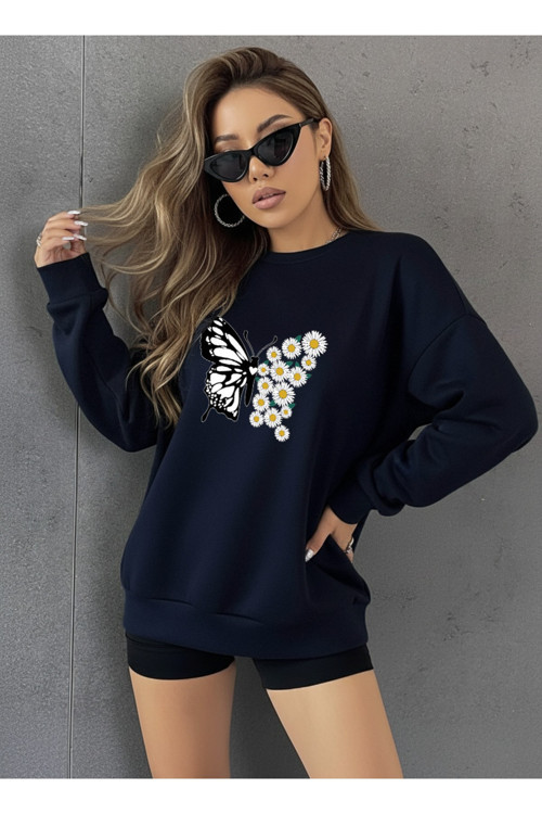 Unisex Papatya Kelebek Baskılı Tasarım Oversize Sweatshirt